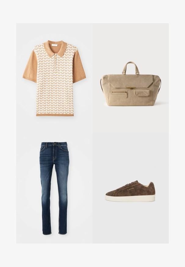 Kortærmet polo shirt med et beige teksturmønster, lys brown krave og manchetter, med tre knapper og geometriske designs.; Mørkeblå denim jeans med slim fit, der har fem lommer, gyldent syninger og en let slidtageret front for et afslappet look.; Brune ruskinds sneakers med lav profil, rund tå og hvid gummisål. Har mørke snørebånd og diskret branding på siden.; Beige fløjlsbukse-weekendtaske med dobbelte håndtag, klaplås, frontlomme med lynlås og lille klaplomme på hvid baggrund.