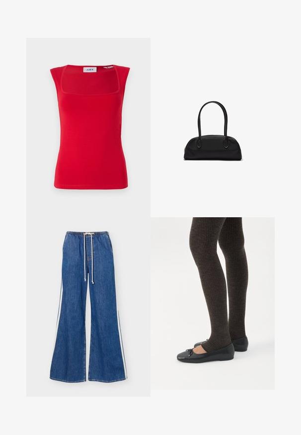 Rode mouwloze top met een vierkante halslijn, gemaakt van soepel stof, met een aansluitend ontwerp en een effen textuur, gelabeld met 'JJXX'.; Wijde blauwe spijkerbroek met elastische tailleband, witte trekkoordsluiting en witte zijstrepen, weergegeven op een witte achtergrond.; Benen met donkere geribbelde leggings gecombineerd met zwarte ballerina's met kleine strikdetails op een witte achtergrond.; Zwarte leren handtas met lange afgeronde handvatten en een gebogen rechthoekige vorm, voorzien van een ritssluiting aan de bovenkant.