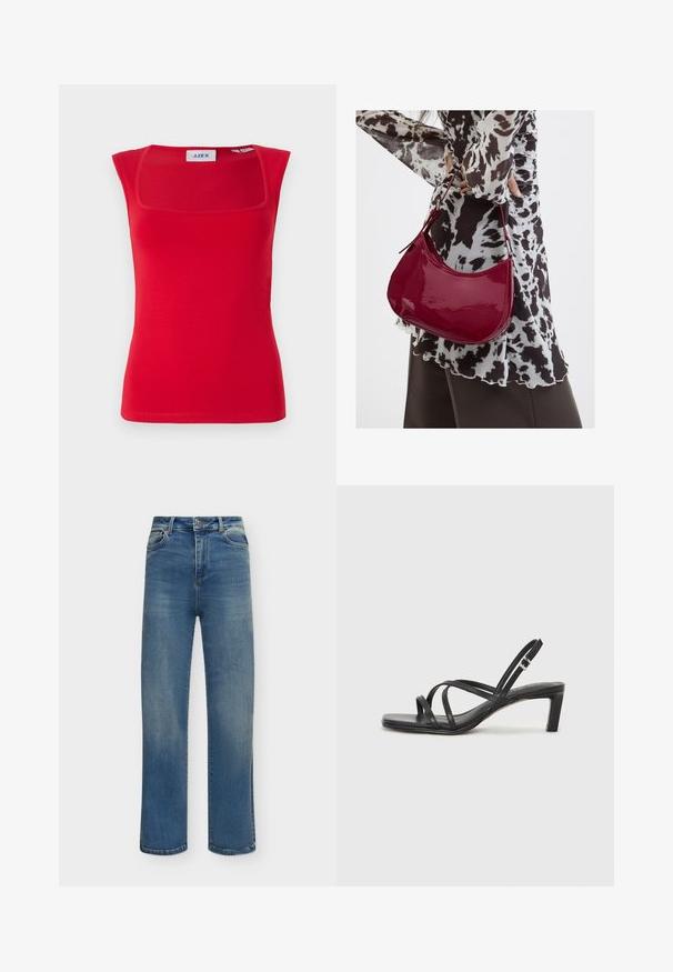 Rode mouwloze top met een vierkante halslijn, gemaakt van soepel stof, met een aansluitend ontwerp en een effen textuur, gelabeld met 'JJXX'.; Blauwe jeans met rechte pijpen, knoop- en ritssluiting, voor- en achterzakken, afgebeeld tegen een witte achtergrond.; Zwarte sandaal met bandjes, vierkante teen en een lage blokhak. Voorzien van meerdere dunne bandjes en een verstelbare enkelband. Gemaakt van zacht leer.; Vrouw met een zwart-wit gebloemde blouse houdt een glanzende rode schoudertas vast tegen een effen achtergrond.