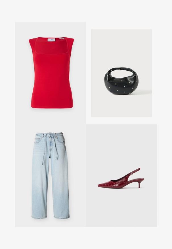 Rød ærmeløs top med firkantet halsudskæring, lavet af glat stof, med en tætsiddende pasform og ensartet tekstur, mærket med 'JJXX'.; Lyseblå vidde ben denimjeans med snøre i taljen, forlommer og bæltestropper mod en ensfarvet baggrund.; Bordeaux læder slingback pumpe med krokodillestruktur, spidse tæer, justerbar spænde rem og lav kitten hæl på en hvid baggrund.; Sort læderhåndtaske med en rundet form, dekoreret med sølvnitter, og et kort håndtag. Glat tekstur og lynlåslukning.