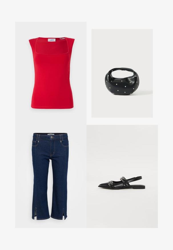 Rode mouwloze top met een vierkante halslijn, gemaakt van soepel stof, met een aansluitend ontwerp en een effen textuur, gelabeld met 'JJXX'.; Diepblauwe denim cropped jeans met zijknipsels aan de zoom, contrasterende oranje stiksels en een knoopsluiting bij de taille.; Even&Odd Slingback ballerina´s - black; Zwarte leren handtas met een afgeronde vorm, versierd met zilveren studs, en een korte handgreep. Gladde textuur en ritsluiting.