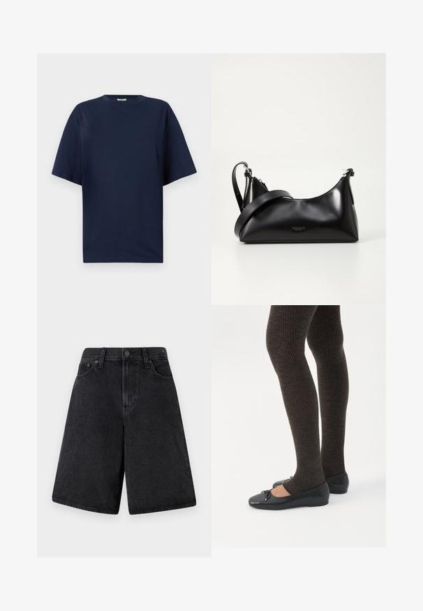 T-shirt en coton bleu marine avec un col rond, des manches courtes et une coupe décontractée. Texture lisse, sans motifs ni embellissements.; Shorts en denim noir à coupe décontractée, avec une taille haute, un design à cinq poches et une fermeture à bouton à l'avant.; Jambes portant des leggings côtelés foncés associés à des ballerines noires avec de petits détails en nœud sur fond blanc.; Sac à main en cuir noir avec une texture lisse. Dispose d'une bandoulière adjustable et d'un design élégant et minimaliste avec une fermeture éclair.