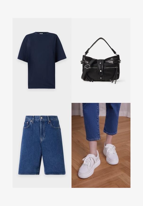 T-shirt en coton bleu marine avec un col rond, des manches courtes et une coupe décontractée. Texture lisse, sans motifs ni embellissements.; Shorts en denim bleu foncé avec une coupe classique, design à cinq poches et surpiqûres orange. Finition avec un bouton frontal et une fermeture éclair.; Jambes portant un jean court bleu et des baskets blanches à plateforme à lacets, debout sur un sol en bois clair.; Even&Odd by Zalando H24462 - Sac à main - black