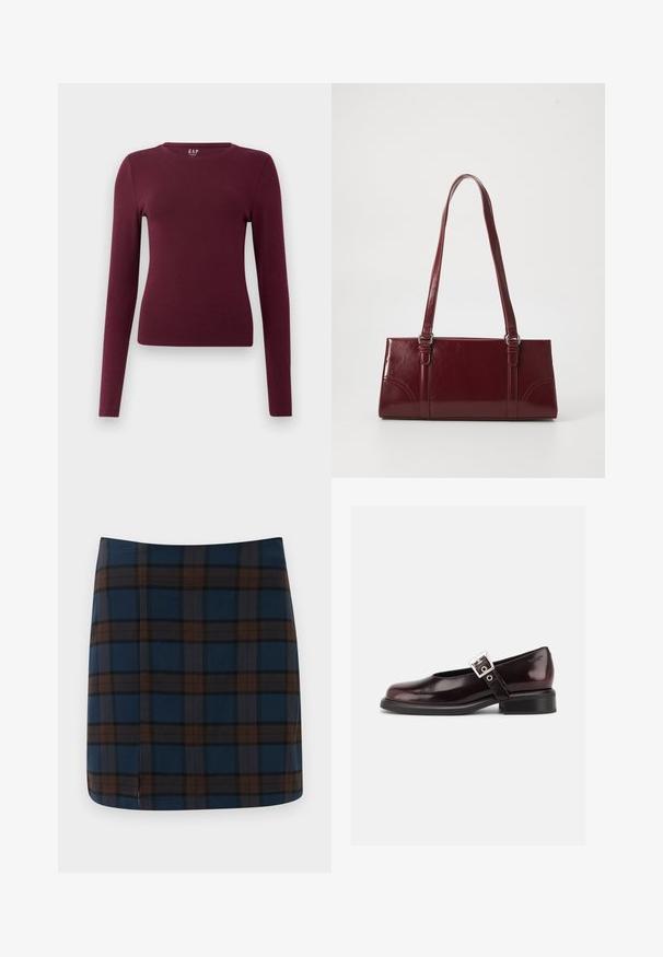 Chemise à col rond ajustée à manches longues de couleur bordeaux avec un design simple, sans motifs ni logos visibles, présentée sur fond blanc uni.; Jupe mini en tartan bleu marine avec des lignes marron et grises, fabriquée dans un tissu lisse, avec une fente discrète au dos pour plus de liberté de mouvement.; Chaussure Mary Jane unique brillante couleur bordeaux foncé avec une large bride et une boucle argentée, talon bloc bas et bout arrondi sur fond blanc.; Sac à main bordeaux en matériau brillant, de forme rectangulaire, avec deux anses et des accents légèrement courbés à l'avant.