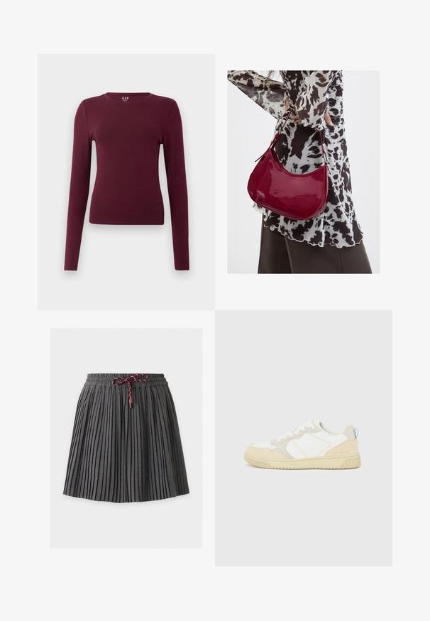 Chemise à col rond ajustée à manches longues de couleur bordeaux avec un design simple, sans motifs ni logos visibles, présentée sur fond blanc uni.; Jupe plissée gris foncé avec une taille élastique et un cordon bordeaux noué au centre devant.; Baskets blanches et beiges avec dessus en suède et textile, présentant des coutures contrastées, une semelle en caoutchouc et un accent bleu clair sur le talon.; Femme portant un chemisier à motif noir et blanc tenant un sac à main rouge brillant sur un fond uni.