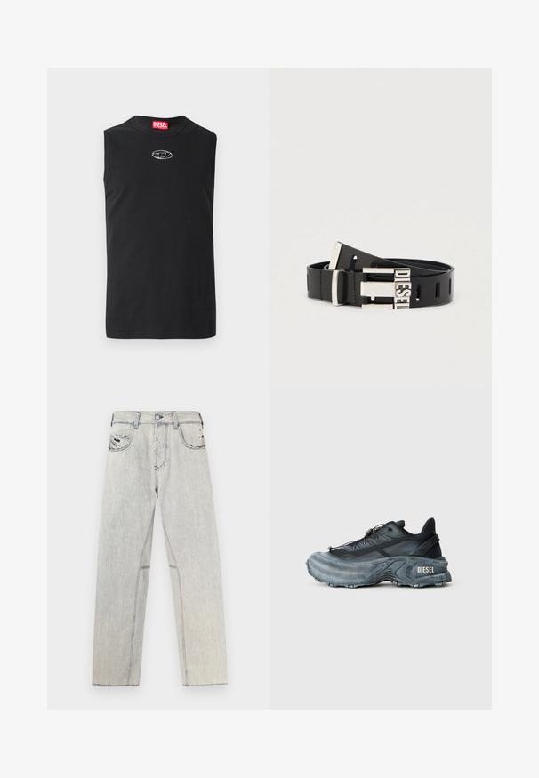 T-shirt sans manches noir en coton, avec un col rond et un logo argenté sur la poitrine. Design simple et uni sans motifs.; Jean en denim bleu clair coupe droite, avec des coutures contrastées, deux poches avant et des détails usés sur le tissu.; Baskets Diesel noires et grises avec semelle épaisse, système de laçage à bascule et design texturé sur fond gris clair uni.; Ceinture en cuir noir avec boucle métallique argentée portant le mot "DIESEL." La ceinture comporte plusieurs trous d'ajustement tout au long de sa longueur.