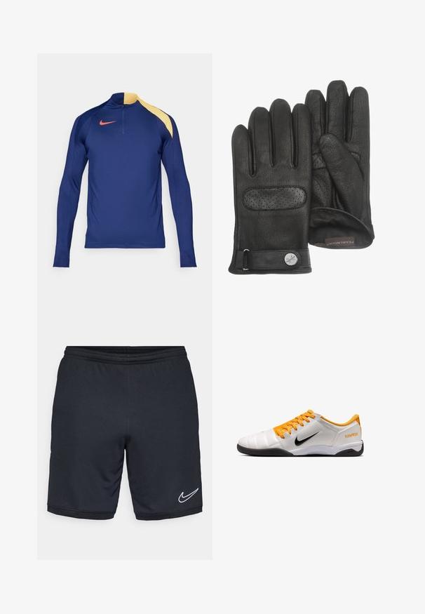 Marineblauw sportshirt met lange mouwen, een gele schouderaccent, een half-rits kraag en een rood Nike swoosh logo op de borst.; Zwarte sport shorts van een gladde, lichte stof, met een elastische tailleband en een wit Nike-logo bij de zoom.; Witte en oranje Nike lage voetbalschoen met zwart swoosh-logo, oranje veters en zwarte zool, zijaanzicht.; Een paar zwarte leren handschoenen met een geperforeerd stuk aan de achterkant, verstelbare band met knoop en een zachte voering.