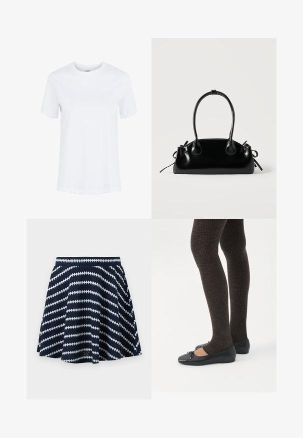 Camiseta de algodón blanca lisa de manga corta con cuello redondo y dobladillos de las mangas doblados, mostrada sobre un fondo blanco liso.; Falda de punto azul marino con rayas diagonales en zigzag blancas y cinturilla elástica, silueta acampanada.; Piernas con leggings oscuros acanalados combinados con bailarinas negras que presentan pequeños detalles de lazo sobre un fondo blanco.; Pequeño bolso negro brillante con dos asas largas y detalles de cordón lateral sobre un fondo claro liso.