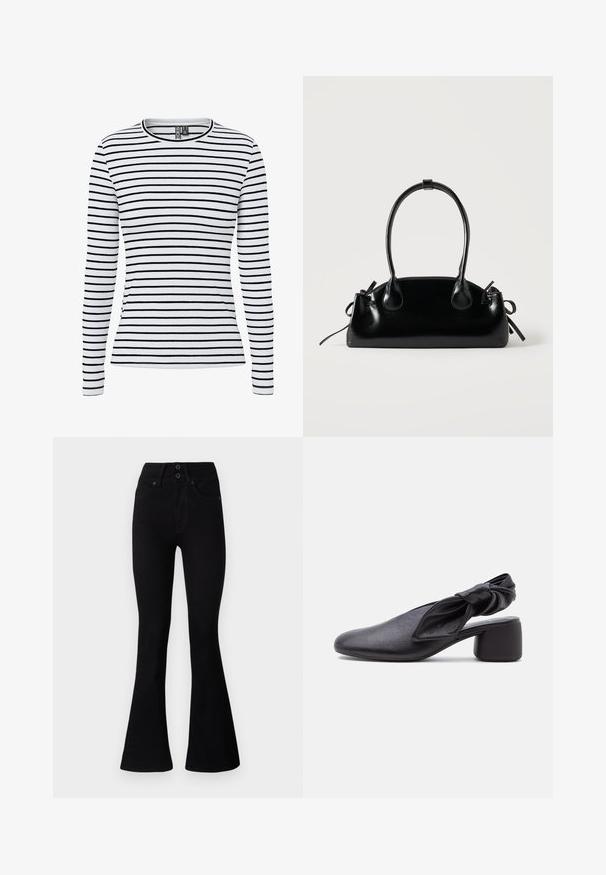 Camiseta blanca de manga larga con canalé, con finas rayas horizontales negras y cuello redondo.; Pepe Jeans FLARE CONTOUR - Vaqueros a campana - black denim; Zapato slingback de cuero negro con puntera redondeada, detalle de tira anudada y tacón bajo y grueso sobre fondo blanco.; Pequeño bolso negro brillante con dos asas largas y detalles de cordón lateral sobre un fondo claro liso.