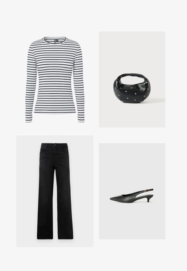 Camiseta blanca de manga larga con canalé, con finas rayas horizontales negras y cuello redondo.; Vaqueros de mezclilla anchos en negro con un diseño clásico de cinco bolsillos, que cuentan con un cierre de botón y una textura sutil. Líneas limpias y mínimas decoraciones.; Zapato de tacón slingback negro de punta afilada, hecho de cuero suave. Presenta un tacón delgado y un detalle de hebilla en la correa ajustable.; Bolso de mano de cuero negro con forma redondeada, decorado con detalles de tachuelas plateadas y un asa corta. Textura lisa y cierre con cremallera.