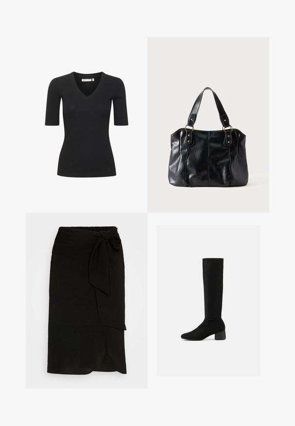 Haut noir à manches courtes en côte avec un col en V, présentant une silhouette ajustée et une texture lisse. Simple et polyvalent pour le superposition.; Jupe portefeuille noire en tissu texturé, dotée d'un lien sur le côté, d'un design droit et d'une fente à l'ourlet.; Botte noire montante en stretch avec un talon carré arrondi et un bout légèrement pointu, vue de côté sur fond blanc.; Sac à épaule en cuir noir avec double anses attachées par des anneaux et rivets dorés, surface lisse et légèrement brillante, design simple.