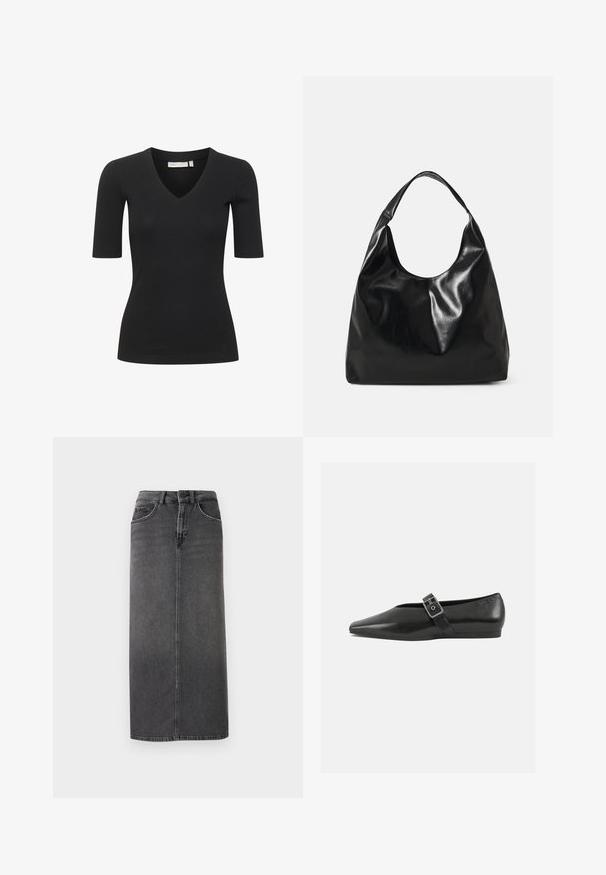 Haut noir à manches courtes en côte avec un col en V, présentant une silhouette ajustée et une texture lisse. Simple et polyvalent pour le superposition.; Jupe midi en denim gris avec une coupe droite, design à cinq poches et passants de ceinture. Présente une fermeture à bouton sur le devant et des coutures minimalistes.; Chaussure plate en cuir noir avec un orteil pointu, présentant une sangle à boucle métallique sur le cou-de-pied et une semelle basse et flexible.; Sac hobo en cuir noir avec une texture douce et brillante et un haut ouvert arrondi. Dispose d'une large sangle courbée pour le transport. Pas de matériel visible.