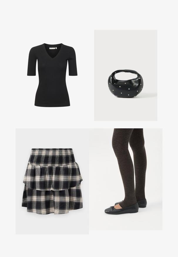 Top negro de manga corta con diseño de escote en V, que presenta una silueta ajustada y textura suave. Simple y versátil para superponer.; Falda de cuadros en blanco y negro con cintura fruncida. Presenta capas con volantes y una textura suave de algodón.; Piernas con leggings oscuros acanalados combinados con bailarinas negras que presentan pequeños detalles de lazo sobre un fondo blanco.; Bolso de mano de cuero negro con forma redondeada, decorado con detalles de tachuelas plateadas y un asa corta. Textura lisa y cierre con cremallera.