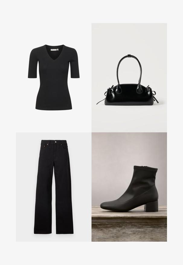 Top negro de manga corta con diseño de escote en V, que presenta una silueta ajustada y textura suave. Simple y versátil para superponer.; Jeans negros de talle alto y pierna ancha con botones y cremallera frontales, trabillas para cinturón y diseño de cinco bolsillos sobre un fondo liso.; Bota negra de tobillo con acabado en cuero liso y brillante, tacón de bloque inclinado y parte superior ajustada con elastano para una silueta elegante.; Pequeño bolso negro brillante con dos asas largas y detalles de cordón lateral sobre un fondo claro liso.