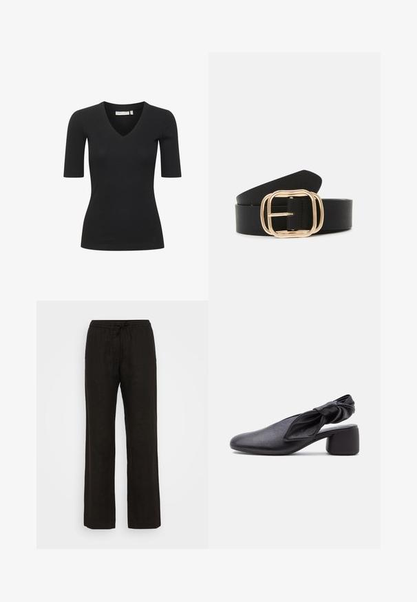 Haut noir à manches courtes en côte avec un col en V, présentant une silhouette ajustée et une texture lisse. Simple et polyvalent pour le superposition.; Pantalons en lin noirs avec une coupe décontractée, dotés d'une taille élastique et d'un cordon de serrage réglable. Texture lisse et design à jambes larges.; Chaussure slingback en cuir noir avec bout arrondi, détail de bride nouée et petit talon carré sur fond blanc.; Ceinture en cuir noir avec une boucle rectangulaire en ton or aux bords arrondis, texture lisse et design élégant.