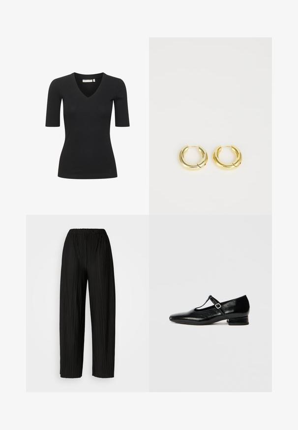 Top negro de manga corta con diseño de escote en V, que presenta una silueta ajustada y textura suave. Simple y versátil para superponer.; Pantalones anchos de pierna amplia, de color negro, con una cintura elástica. La tela presenta pliegues verticales y una textura suave.; Zapatos Mary Jane de cuero negro con punta puntiaguda, tacón pequeño de bloque y correa ajustable con hebilla plateada. Textura lisa y brillante.; Pendientes de aro de oro con una superficie lisa y reflectante, que presentan un diseño redondeado y robusto, además de un cierre de bisagra para facilitar su uso.
