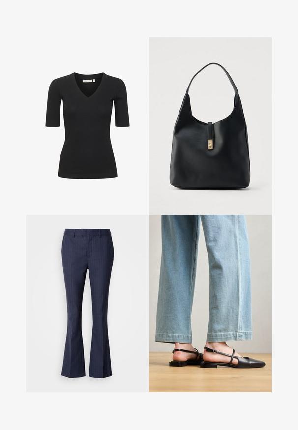 Zwarte geribde top met korte mouwen en een V-hals ontwerp, met een getailleerde pasvorm en een gladde textuur. Eenvoudig en veelzijdig te combineren.; Mos Mosh CARIE - Broek - maritime blue; Zwarte leren slingback schoenen met een spitse neus, platte hak en enkelband; gedragen met lichtblauwe wijde jeans.; Zwarte leren hobo-tas met een gestructureerde afwerking, voorzien van een gouden sluiting en een enkele gebogen handgreep om over de schouder te dragen.