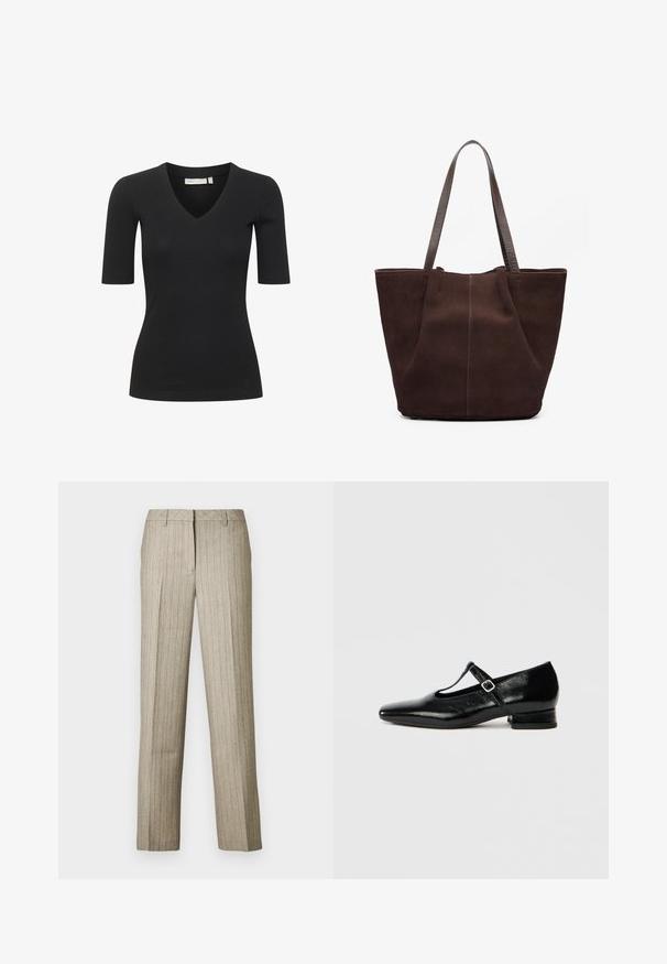 Top negro de manga corta con diseño de escote en V, que presenta una silueta ajustada y textura suave. Simple y versátil para superponer.; Pantalones beige con rayas finas, diseño de pierna recta, cintura estructurada y textura sutil en toda la tela.; Zapatos Mary Jane de cuero negro con punta puntiaguda, tacón pequeño de bloque y correa ajustable con hebilla plateada. Textura lisa y brillante.; Bolso tote de ante marrón con dos asas de cuero texturizado. Presenta un diseño sencillo abierto en la parte superior y costuras sutiles a lo largo de la costura frontal.