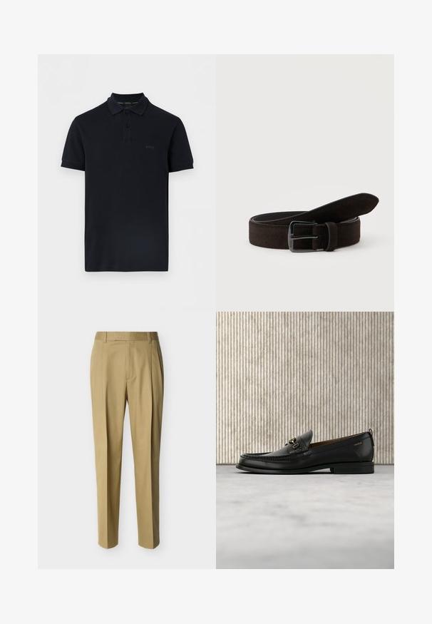 Polo noir à manches courtes avec deux boutons et "BOSS" brodé sur le côté gauche de la poitrine.; Pantalon beige ajusté avec passants de ceinture et pli frontal, présenté sur un fond clair uni.; Mocassin en cuir noir avec mors en métal doré et logo "HUGO", présenté sur un tapis beige et un meuble translucide marron.; Ceinture en daim brun foncé roulée avec boucle métallique noire rectangulaire sur un fond clair uni.