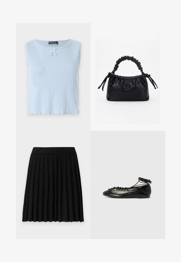 Svetlomodrý top bez rukávov, rebrovaná textúra, okrúhly výstrih s malou mašľou a uvoľnený strih s mierne zaobleným spodkom.; Vero Moda Knitted VMMARINA Short - Minisukňa - black; Čierne baleríny z lakovanej kože s okrúhlou špičkou, šnurovačkou a plochou podrážkou. Hladká textúra s minimálnymi detailmi.; Čierna kabelka s krokodíľou textúrou, riaseným horným okrajom, zhromaždenou rukoväťou a šnúrkami s strapcami na každej strane na bielom pozadí.
