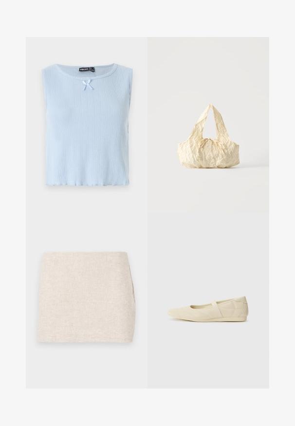 Lys blå ærmeløs top, ribbenstruktur, rund hals med en lille sløjfe, afslappet pasform med en let buet kant.; Beige linnedyr med et minimalistisk design, der har en glat tekstur og en subtil vævning. Det har en lige, simpel skæring uden synlige lukninger.; Lysebrune ballet flats med en glat læderoverflade, mandelformet tå og elastisk rem over vristen, med diskrete syninger.; Håndtaske i cremefarvet tekstureret stof med top-håndtag og en lille bundet sløjfe-detalje midt foran.