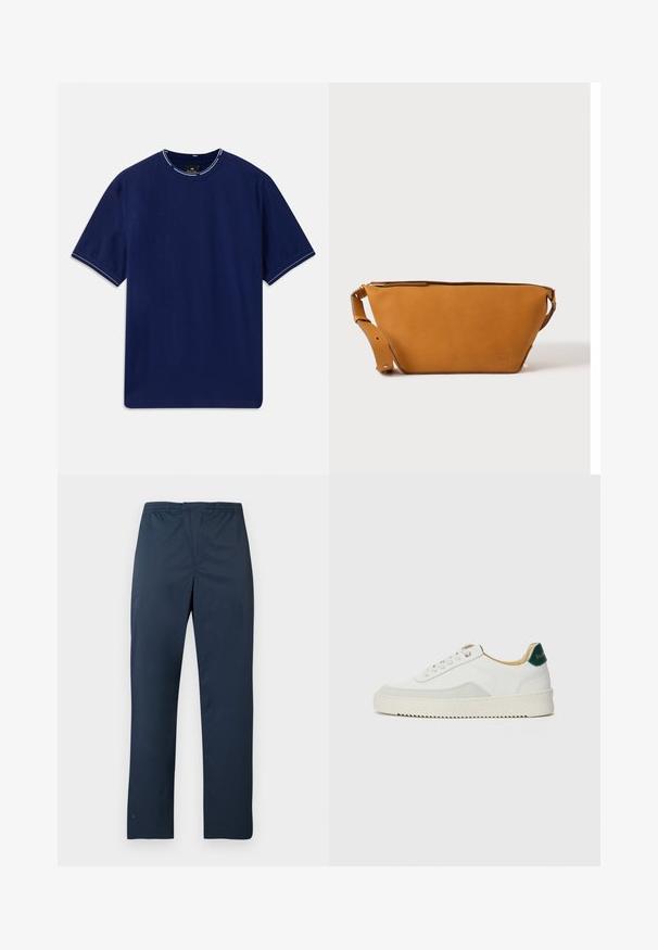 Navyblauwe katoenen t-shirt met korte mouwen, ronde hals, met een witte stikaccent op de kraag en de mouwboorden. Glad van structuur.; Marineblauwe, lichtgewicht broek met een elastische tailleband en rechte pijpen. Glad oppervlak zonder zichtbare patronen of accenten.; Witte sneaker met suède accenten, ronde neus, platte veters en een crème rubberen zool. Bevat groene branding op de hiel.; Lichtbruine leren crossbodytas met verstelbare band en ritssluiting, getoond tegen een effen lichte achtergrond.