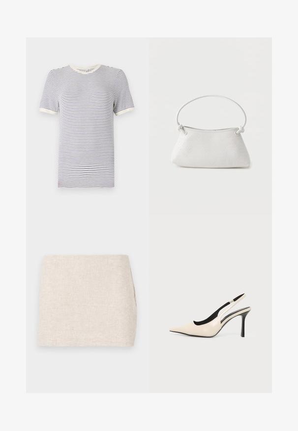 Stribet T-shirt i hvid og marineblå, korte ærmer, rund halsudskæring, med kontrasterende krave og ærmekanter. Blødt bomuldsmateriale.; Beige linnedyr med et minimalistisk design, der har en glat tekstur og en subtil vævning. Det har en lige, simpel skæring uden synlige lukninger.; Beige spids tå slingback højhælede sko med sort indvendig foring og slank sort stilethæl på hvid baggrund.; Hvid fletlæderhåndtaske med afrundet håndtag og ender på remmen, der er knyttet, vist mod en ensfarvet baggrund.