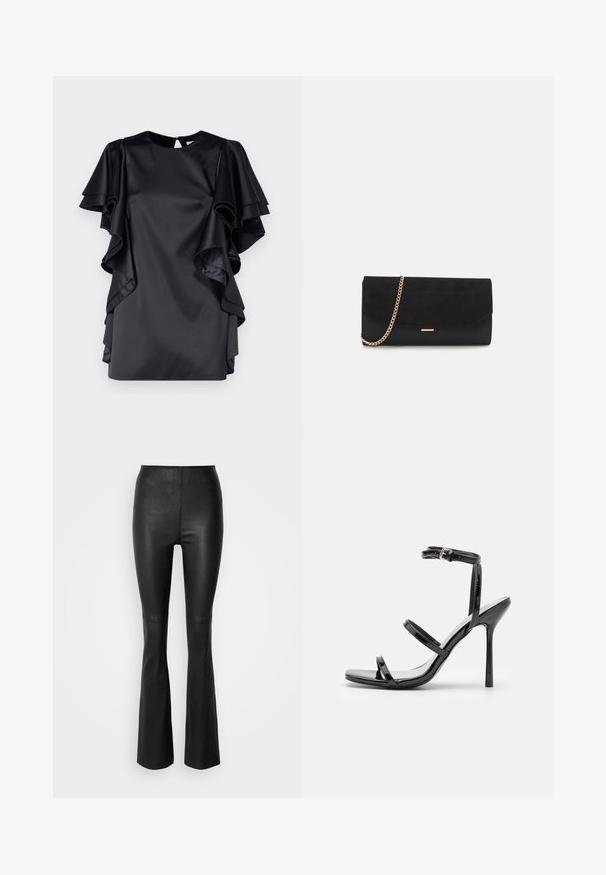Robe en satin noir avec des manches à volants superposées et un col rond. Dispose d'une fermeture en trou de serrure au dos et d'une texture lisse.; Pantalons évasés noirs en simili cuir lisse, dotés d'une taille haute et de coutures au-dessus du genou.; Sandales à talons hauts en cuir verni noir avec trois sangles horizontales et une sangle de cheville ajustable. Silhouette élégante et finition brillante.; Porte-monnaie noir en daim avec une finition texturée, doté d'une chaîne dorée et d'un design épuré et angulaire.