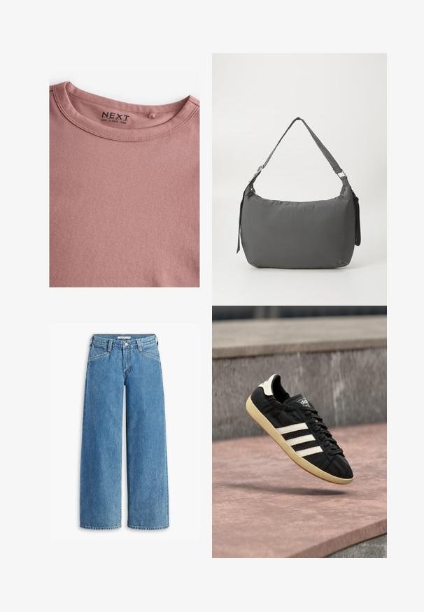 Camiseta de manga larga en color rosa polvoriento, hecha de algodón suave, con un sencillo cuello redondo y una textura lisa. La etiqueta dice "NEXT."; Jeans de mezclilla de tiro alto en un suave tono azul claro, con pernera ancha, cinco bolsillos y una clásica cremallera de botones. Corte recto desde el muslo hasta el dobladillo.; Zapatilla negra Adidas con rayas blancas y suela beige, capturada en el aire sobre una superficie de piedra y con fondo de muro de piedra.; Bolso de hombro acolchado gris con forma curva, textura suave, correa ajustable y un logotipo sutil en relieve en la parte frontal.