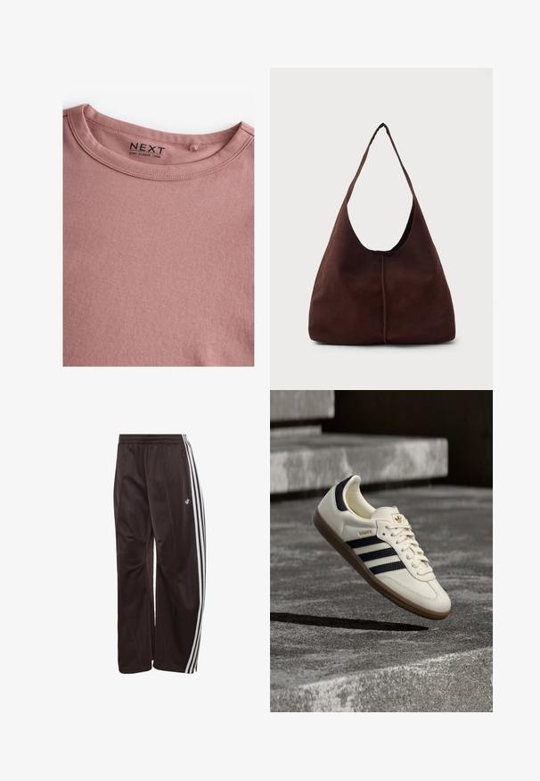 Camiseta de manga larga en color rosa polvoriento, hecha de algodón suave, con un sencillo cuello redondo y una textura lisa. La etiqueta dice "NEXT."; Pantalones de chándal Adidas negros con tres rayas blancas a los lados, cintura elástica, bolsillo lateral con cremallera y logotipo de Adidas en la pierna izquierda.; Zapatilla blanca Adidas Samba con franjas negras y suela de goma, flotando sobre escalones de hormigón gris texturizado.; Bolso hobo de ante marrón con una gran apertura curvada y una amplia correa para el hombro. Presenta una costura centrada en la parte frontal. Textura suave.