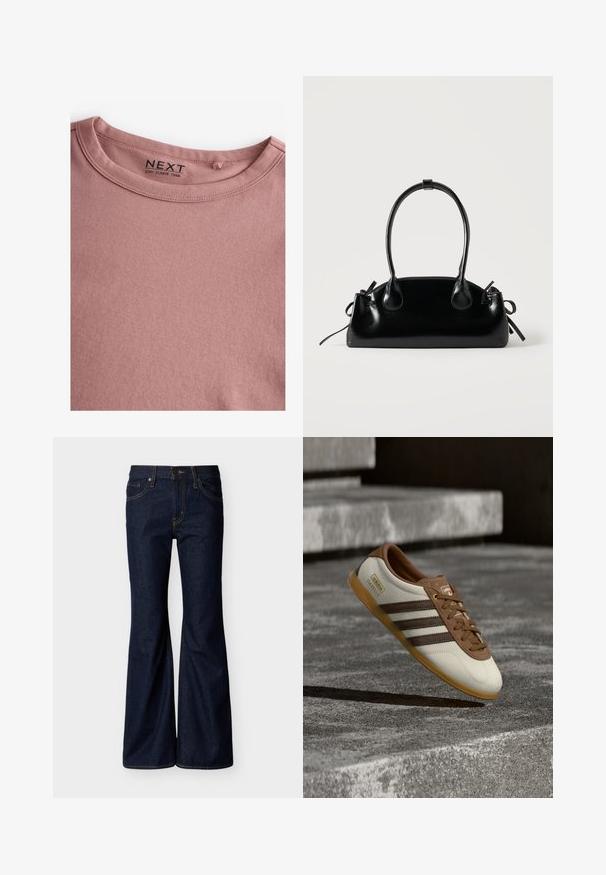 Camiseta de manga larga en color rosa polvoriento, hecha de algodón suave, con un sencillo cuello redondo y una textura lisa. La etiqueta dice "NEXT."; Vaqueros de mezclilla azul oscuro con piernas acampanadas, cierre frontal de botones y cremallera, y diseño de cinco bolsillos con costuras en contraste.; Zapatilla Adidas Gazelle blanca y marrón con suela de goma flotando sobre escalones de piedra y el suelo en un entorno al aire libre.; Pequeño bolso negro brillante con dos asas largas y detalles de cordón lateral sobre un fondo claro liso.