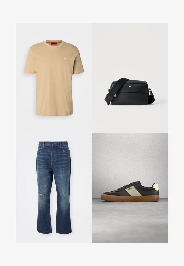 Beige puuvillane t-särk, millel on ümmargune kaelus, lühikesed varrukad ja väike valge "HUGO" logo rinnal. Sile tekstuur ilma mustriteta.; Sinine denim flared teksapüksid, millel on veidi kulunud kohad mõlemas põlves ja nööpkinnitus vööl, esitatud valge tausta ees.; Must ja pruuni spordijalats, millel on beež triip ja tekst "BOSS", hõljumas halli betoonpõranda ja klaasplokkseina taustal.; Mustast tekstuuriga nahast ristkere kott esiküljel lukuga tasku ja reguleeritava laia kangast õlarihmaga valgel taustal.