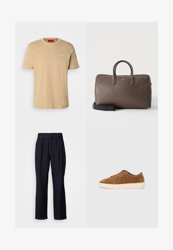 T-shirt en coton beige avec un col rond, des manches courtes et un petit logo blanc "HUGO" sur la poitrine. Texture lisse sans motifs.; Jean en denim large à jambes bleues foncées avec des plis devant et des coutures orange, présenté sur fond blanc.; Baskets en daim marron avec bout rond, semelle en caoutchouc crème et lacets ton sur ton. Présentent un logo en relief sur le côté et un panneau arrière lisse.; Sac de sport en cuir marron avec deux poignées, une bandoulière noire réglable et un petit logo "BOSS" au centre à l'avant.