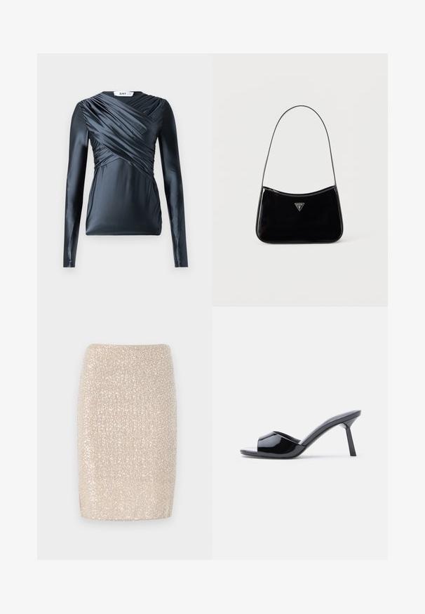 Haut à manches longues en satin bleu marine foncé avec des détails froncés à l'avant et une texture lisse, mettant en valeur un col rond et une silhouette ajustée.; Jupe crayon beige scintillante avec une coupe ajustée, recouverte de petits sequins réfléchissants, texture lisse et ourlet droit.; Sandales à talons ouverts en cuir verni noir, avec un design supérieur incurvé et un talon aiguille effilé. Finition lisse et brillante.; Sac à bandoulière en cuir verni noir avec une sangle fine, logo triangulaire Guess sur le devant et une fermeture éclair supérieure.