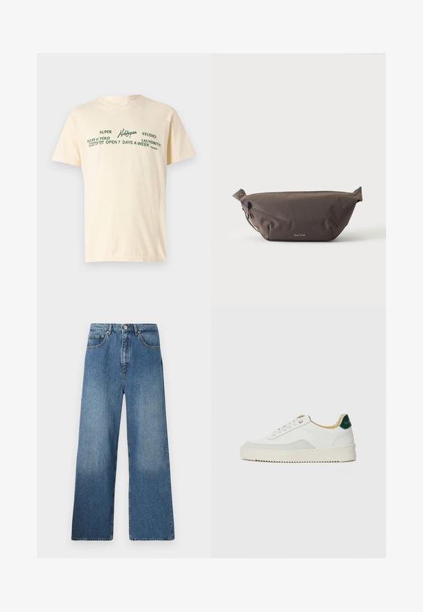 Cremfarbene Baumwoll-T-Shirt mit kurzen Ärmeln, das grünen Text zeigt mit der Aufschrift "KidSuper", "Super Fluff n' Fold" und Waschdetails.; Breite blaue Denim-Jeans mit klassischem Fünf-Taschen-Design, Knopfverschluss vorne und leichtem Verblassen für Textur.; Weiße Sneaker mit Wildlederelementen, runder Zehenpartie, flachen Schnürsenkeln und einer cremefarbenen Gummisohle. Mit grünen Markenlogo am Fersenbereich.; Dunkelbraune Stoff-Gürteltasche mit diagonalem Reißverschlussfach und kleinem weißen Logo vorne, vor einem einfarbigen hellen Hintergrund.