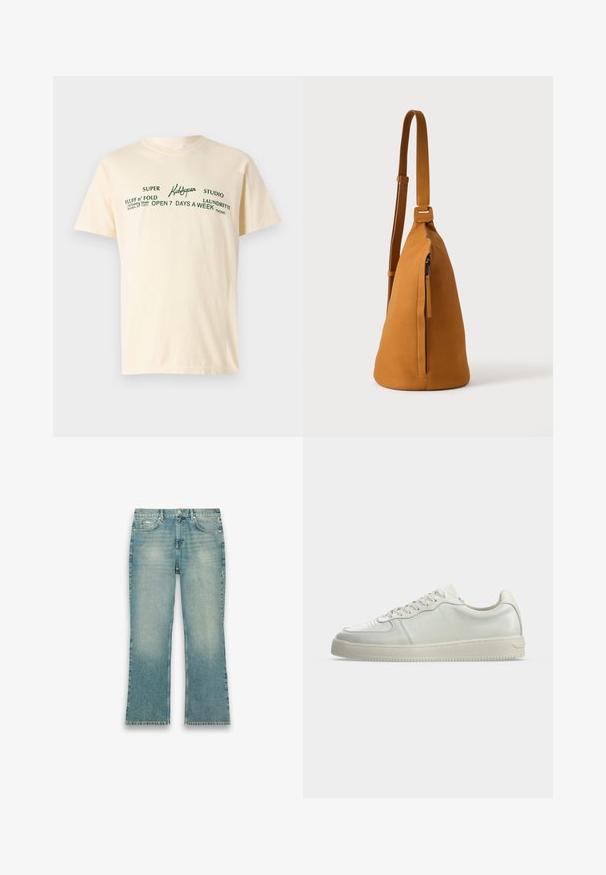T-shirt en coton couleur crème à manches courtes avec un texte vert indiquant "KidSuper", "Super Fluff n' Fold" et des détails de lavage.; Jean en denim bleu clair avec légère décoloration, coupe droite, bouton à l'avant et cinq poches, sur fond blanc.; Basket basse en cuir blanc avec fermeture à lacets et semelle en caoutchouc blanc cassé, vue de profil sur un fond uni.; Sac besace en cuir couleur fauve avec sangle réglable et poche verticale zippée, présenté de profil sur un fond clair uni.