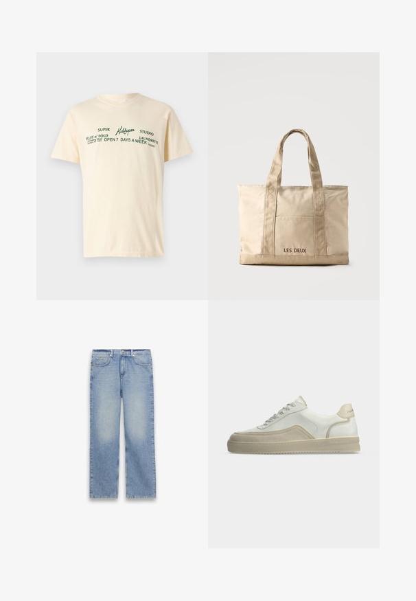 Cream-colored cotton t-shirt with short sleeves featuring green text that reads "KidSuper," "Super Fluff n' Fold," and laundry details.; Light blue straight-leg denim jeans with five pockets, belt loops, and a button and zipper closure.; White low-top sneaker with beige suede details, lace-up front, and branded heel tab on a plain light background.; Beige canvas tote bag with two handles and front pocket, "LES DEUX" embroidered on the pocket.