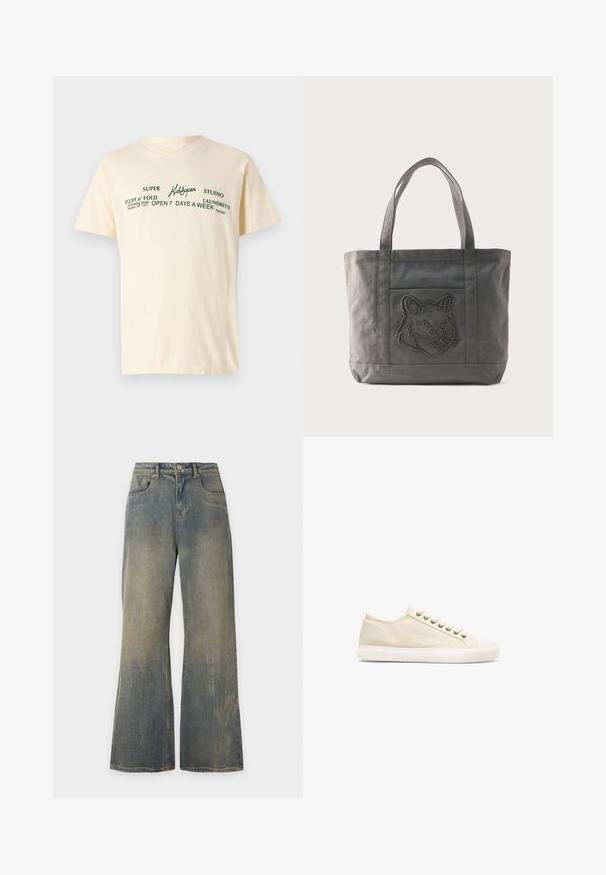 Cremefarvet bomulds t-shirt med korte ærmer og grøn tekst, der står "KidSuper," "Super Fluff n' Fold," samt vaskeanvisninger.; Vidde, falmede blå jeans med forlommer og bæltestropper, vist mod en ensfarvet lys baggrund.; Les Deux TREVOR - Sneakers - ivory; Grå lærredsnet med to håndtag og frontlomme med broderet ulvehoveddesign.
