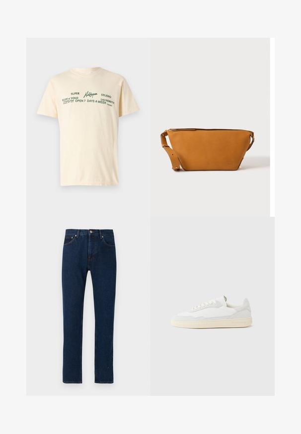 Cremefarvet bomulds t-shirt med korte ærmer og grøn tekst, der står "KidSuper," "Super Fluff n' Fold," samt vaskeanvisninger.; Mørkeblå denimjeans med lige ben, forrest med knap- og lynlåslukning, fem-lomme-design og detaljer med orange syninger.; Hvid sneakers med en øvre del i tekstureret ruskind og læder. Har rundet tå, snørelukning og kontrasterende beige gummisål.; Lys brun læder crossbody taske med justerbar rem og lynlås, vist mod en ensartet lys baggrund.