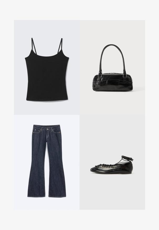 Débardeur court noir sans manches avec fines bretelles et encolure droite sur fond gris clair.; Jean en denim bleu foncé avec un léger évasement en bas, doté de poches avant, d’un bouton et de détails de couture visibles.; Ballerines en cuir verni noir avec un bout rond, un design à lacets et une semelle plate. Texture lisse avec peu de détails.; Sac à main en cuir noir de forme rectangulaire, doté d'une seule ansse structurée, de quincaillerie argentée et d'une fermeture éclair. Texture lisse.