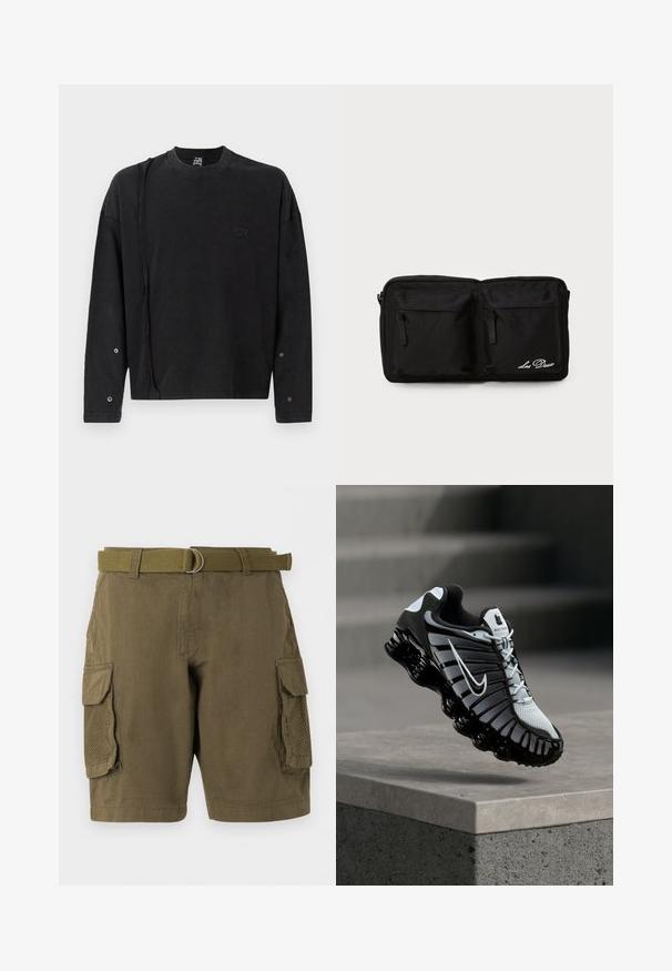 Zwarte sweatshirt met lange mouwen en ronde hals, voorzien van een subtiele logo aan de voorkant en drukknoopdetails op de mouwen, gemaakt van zachte stof.; Olivengroene cargoshorts met klep en zijvakken van mesh, riemlussen en een bijpassende stoffen riem met een metalen D-ring gesp.; Zwart-witte Nike hardloopschoen zwevend boven een betonnen oppervlak met een achtergrond van getrapte stenen.; Zwarte stoffen zak met twee voorzijde ritszakken, geborduurde tekst, rechthoekige vorm, duurzame textuur en discreet ontwerp.