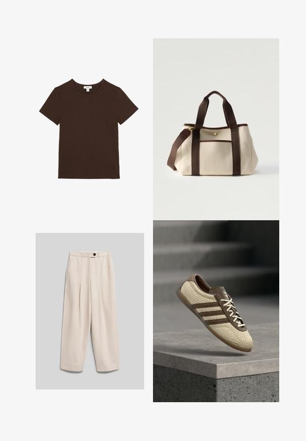 Schlichtes dunkelbraunes T-Shirt mit kurzen Ärmeln und Rundhalsausschnitt, flach ausgelegt, mit einem kleinen weißen Markenschild im Halsausschnitt.; Beige Hose mit hoher Taille und weitem Bein, vorne mit Falten, seitlichen Taschen, Gürtelschlaufen und schwarzem Knopfverschluss.; Beiger und brauner gewebter Sneaker mit drei Streifen und weißen Schnürsenkeln, schwebend über einem Betonabbruch mit Treppen im Hintergrund.; Beige Leinentasche mit dunkelbraunen Griffen, Besatz, Vordertasche und verstellbarem Schultergurt, vor weißem Hintergrund.