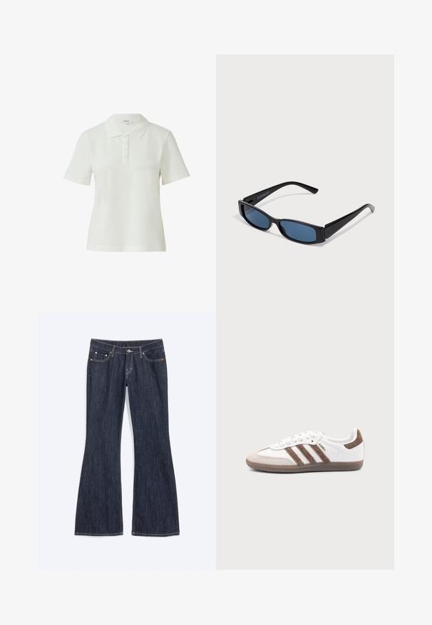 Polo blanc à manches courtes avec col et patte à cinq boutons, design uni, marque s.Oliver.; Jean en denim bleu foncé avec un léger évasement en bas, doté de poches avant, d’un bouton et de détails de couture visibles.; Baskets Adidas Samba blanches avec des bandes en daim marron, semelle en caoutchouc marron et bout en daim beige, vues du côté extérieur sur un fond uni.; Lunettes de soleil noires avec une monture rectangulaire élégante et des verres bleus. Présente une texture lisse et des branches robustes. Logo de la marque sur le côté.