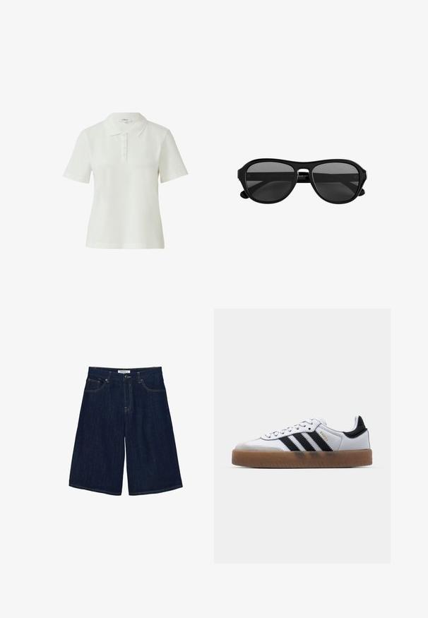 Polo blanc à manches courtes avec col et patte à cinq boutons, design uni, marque s.Oliver.; Shorts en denim bleu foncé jusqu'au genou avec fermeture par bouton et zip, poches avant et arrière, et coutures contrastées.; Baskets en cuir blanc avec des rayures noires, semelle extérieure en caoutchouc beige, bout rond, fermeture lacée et embout en suède gris doux.; Lunettes de soleil à monture en plastique noir avec des verres teintés foncés et un pont étroit, vues de face sur un fond blanc.