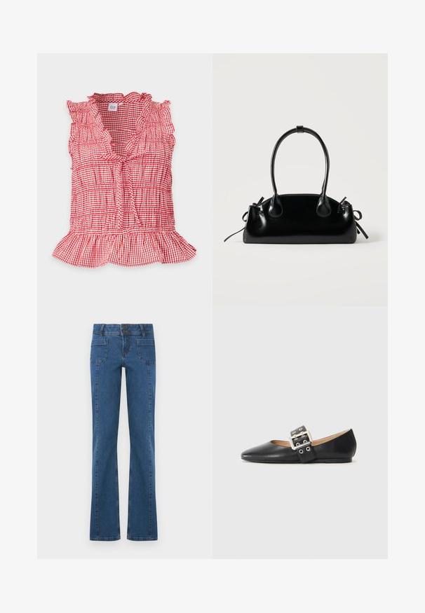 Blouse sans manches à carreaux rouges et blancs avec col à volants, lien à l’encolure, détails froncés et ourlet évasé, présentée à plat.; Jean en denim bleu avec poches avant à patch, fermeture à double bouton, et jambes légèrement évasées, présenté à plat sur fond blanc.; Chaussure plate en cuir noir avec un bout pointu et une bride décorative à boucle équipée de ferrures argentées et de petites découpes.; Petit sac à main noir brillant avec deux longues anses et des détails à cordon sur les côtés sur un fond clair uni.