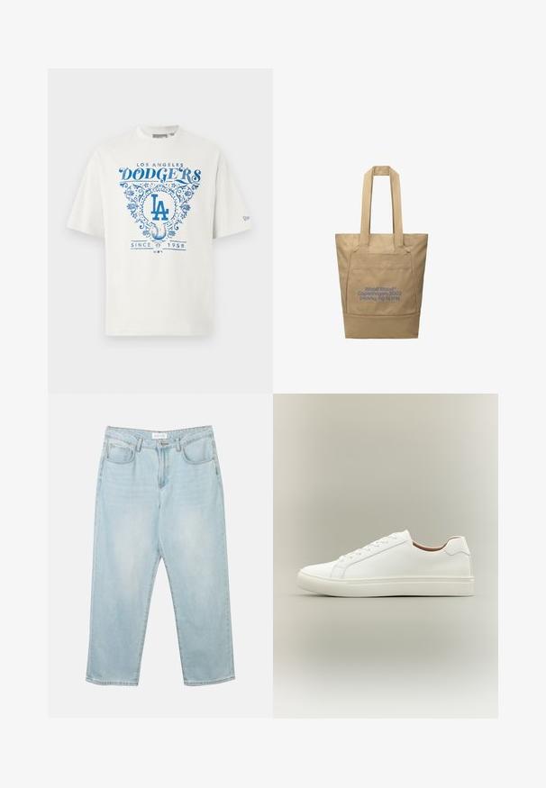 Camiseta de algodón blanca con texto gráfico azul "LOS ANGELES DODGERS" y "SINCE 1958" con acentos florales y el logo "LA" en el centro.; Jeans de mezclilla azul claro con un corte relajado, cinco bolsillos, cierre de botón y ligeras desgastadas. La textura es suave y ligeramente usada.; Zapatilla blanca de corte bajo con cierre de cordones y suela plana, mostrada de perfil sobre un fondo neutro.; Bolsa tote de lona beige con asas largas y bolsillo delantero, con texto en azul "Wood Wood® Copenhagen, 2002 Not to Be Trusted" impreso al revés.