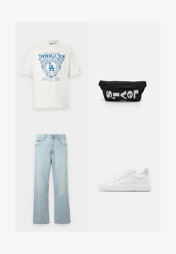 Weißes Baumwoll-T-Shirt mit blauem Grafiktext "LOS ANGELES DODGERS" und "SINCE 1958" sowie floralen Akzenten und dem "LA"-Logo in der Mitte.; Hellblaue Denim-Jeans mit einem lockeren, weit geschnittenen Design. Verfügt über fünf Taschen, Gürtelschlaufen und einen Reißverschluss mit Knopfverschluss.; Weiße Leder-Sneaker mit glatter Oberfläche, rundem Zehenbereich, flachen Schnürsenkeln und strukturiertem Schuhsohlen. Graues Wildleder-Detail an der Ferse.; Schwarze Stofftasche mit flacher Form, mit fettgedrucktem weißen Text. Der Reißverschluss befindet sich oben, mit einer Schlaufe an einer Seite.