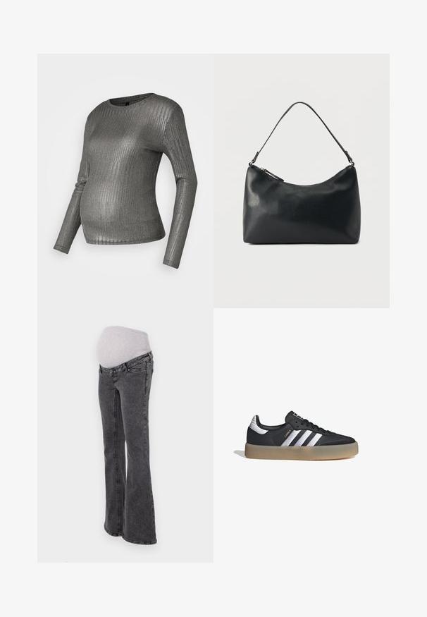 Top gris de manga larga con textura acanalada, diseñado para ajustarse sobre el vientre. Fabricado con un material elástico con un leve brillo.; Jeans de maternidad con una cintura elástica ajustada de color gris, piernas acampanadas y acabado en denim gris oscuro, que cuentan con costuras estándar y bolsillos.; Zapatilla deportiva de cuero negro con tres rayas plateadas, punta texturizada y suela de goma. Cuenta con un collar acolchado y un diseño con cordones.; Bolso de hombro de cuero negro texturizado con cremallera curva en la parte superior y una sola correa ajustable sobre un fondo liso.