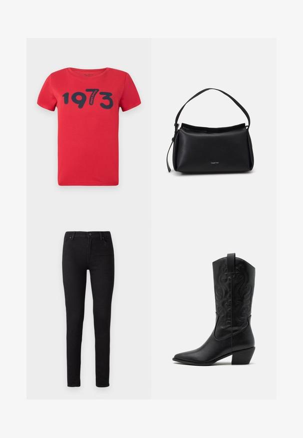 Pepe Jeans BATY - T-shirt print - royal red; Zwarte skinny jeans van denim, met een klassiek vijf-pocket ontwerp, knoopsluiting en een soepele textuur.; Zwarte leren cowboylaars met een spitse neus, gegraveerde draaiende patronen en een halfhoge hak. Voorzien van een trekhaak voor gemakkelijk aan- en uittrekken.; Zwarte leren handtas met een gebogen vorm, een enkele schouderband en een ritsluiting aan de bovenkant. Heeft een subtiel logo aan de voorkant voor branding.