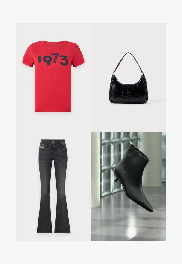 Pepe Jeans BATY - T-Shirt print - royal red; Dunkelgraue Denim-Jeans im Schlagstil mit hoher Taille, fünf Taschen, silberner Hardware und dezentem Verblassen. Mit einem Marken-Etikett an der Seite.; Schwarzer Leder-Stiefelette mit spitzer Zehenpartie und niedrigem Kitten-Heel, schräg dargestellt vor einem polierten Boden und einer Glasbausteinwand.; Schwarze Handtasche aus patentiertem Leder mit einem gebogenen oberen Griff, Reißverschluss und geprägt "cK" Logo auf der Vorderseite. Glatte Textur, strukturierte Form.